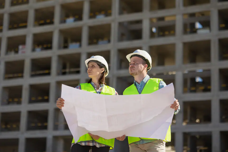 Projektanti posudzujú výkresy na stavenisku